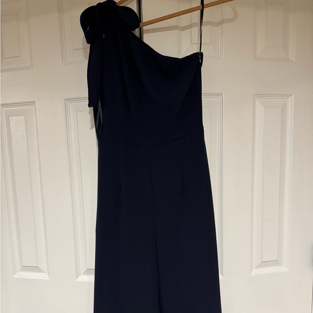 Navy blue one shoulder cropped wide leg jumpsuit